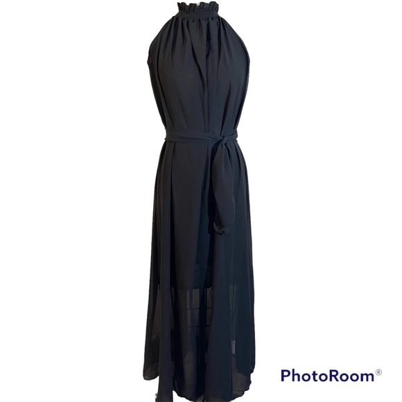 ❤️ ONE LEFT! NWOT! Black Chiffon Halter Maxi Dress With Sash - Picture 2 of 5